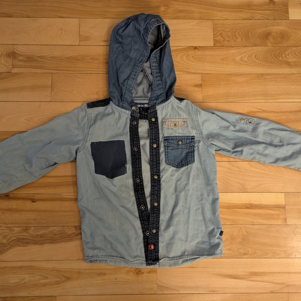 Blue and Black Jean Jacket with Hood and Zipper